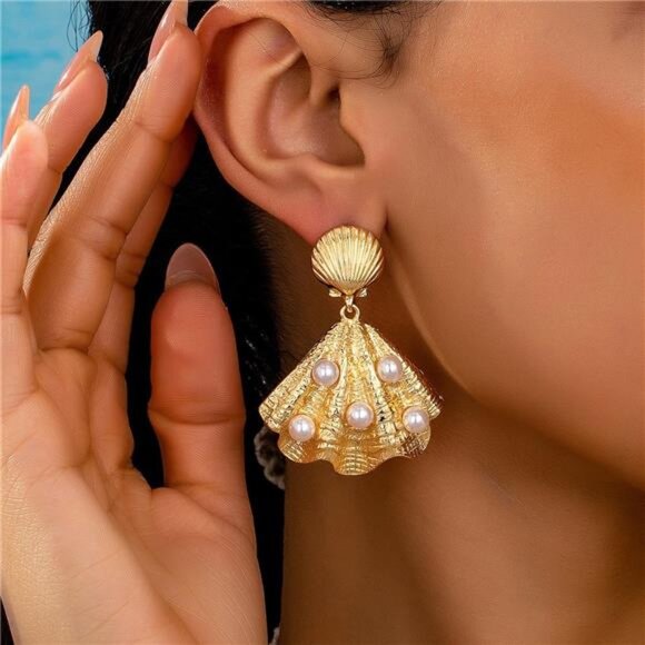 18K Gold-Plated Shell Pearl Drop Earrings - Picture 1 of 5